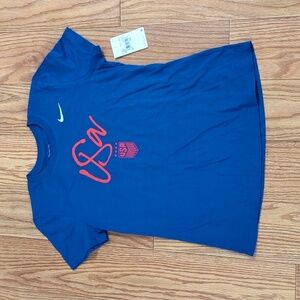 Team USA Olympic gear blue tee with red USA text + emblem, The Nike Tee L NWT